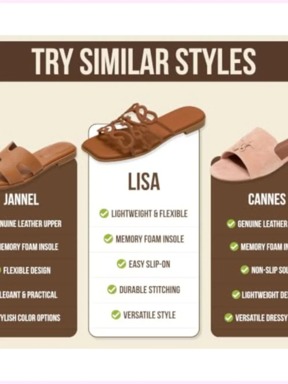 Genuine Leather Sandals with Memory Foam - Comfortable Flat Slide